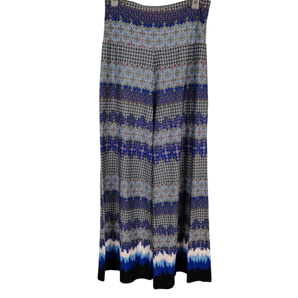 New Directions Womens L Wide Leg Palazzo Pants Blue Geometric Boho Festival